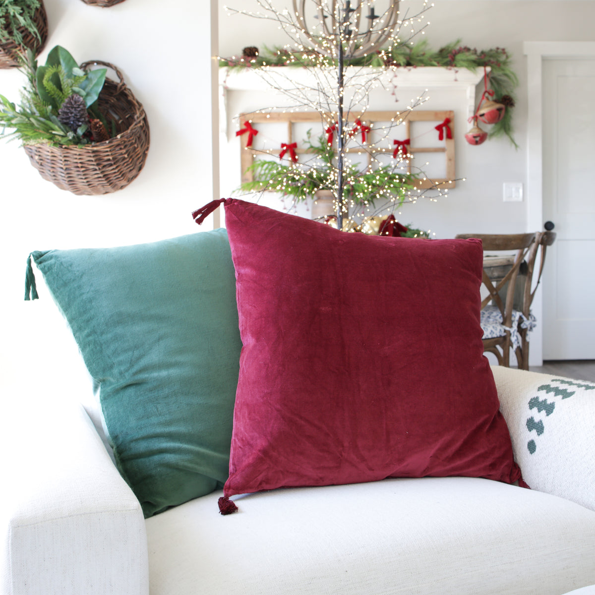 Green Velvet Pillow with Tassels
