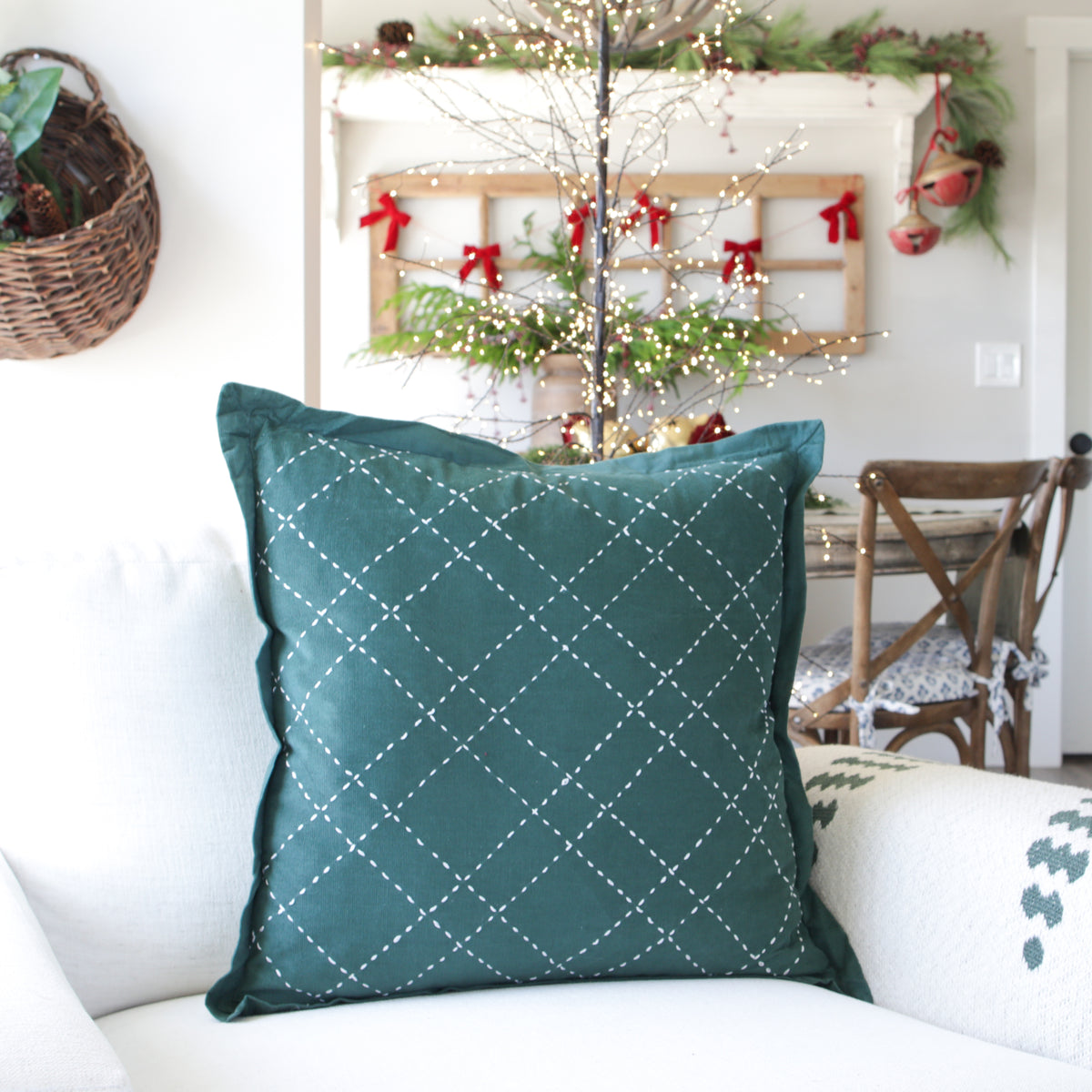 Dark Green Corduroy Pillow with Hand Stitching