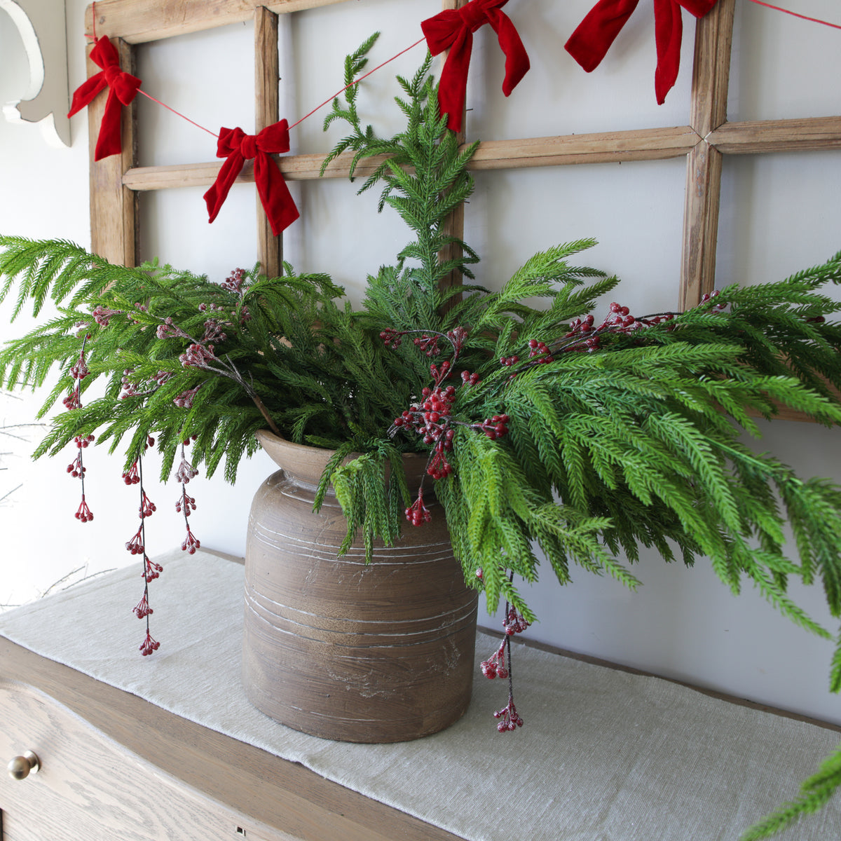 Norfolk Pine Spray & Brown Line Vase Bundle