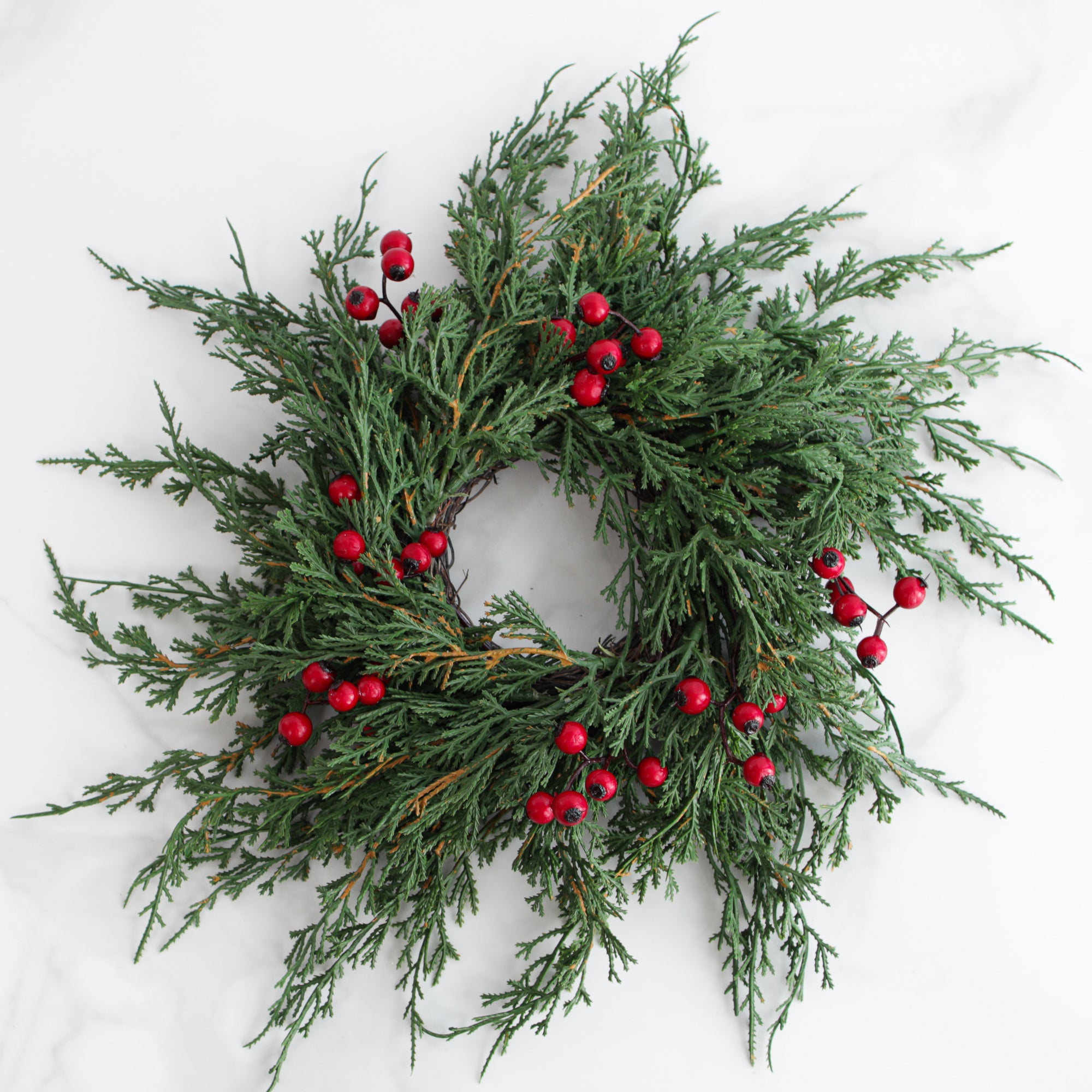 Emerald Cedar Candle Ring with Red Berries