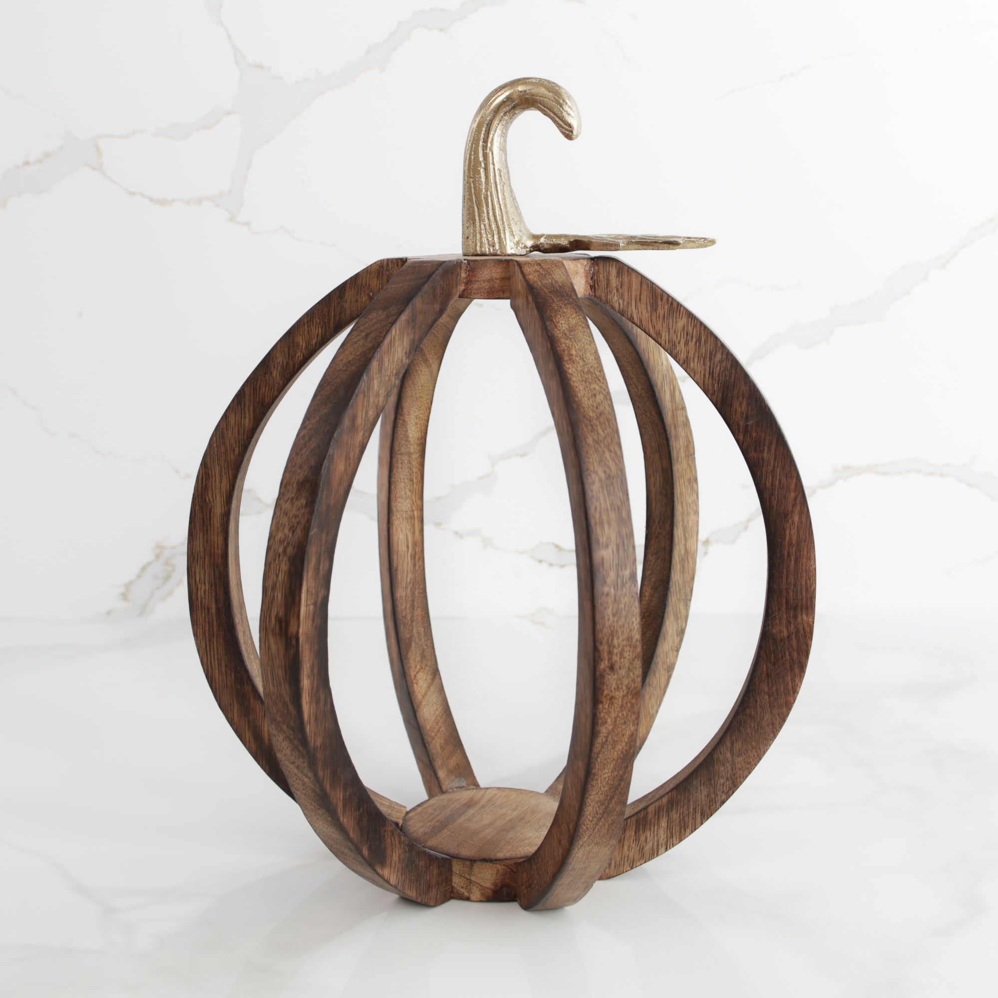 Wood Pumpkin Lantern with Gold Stem