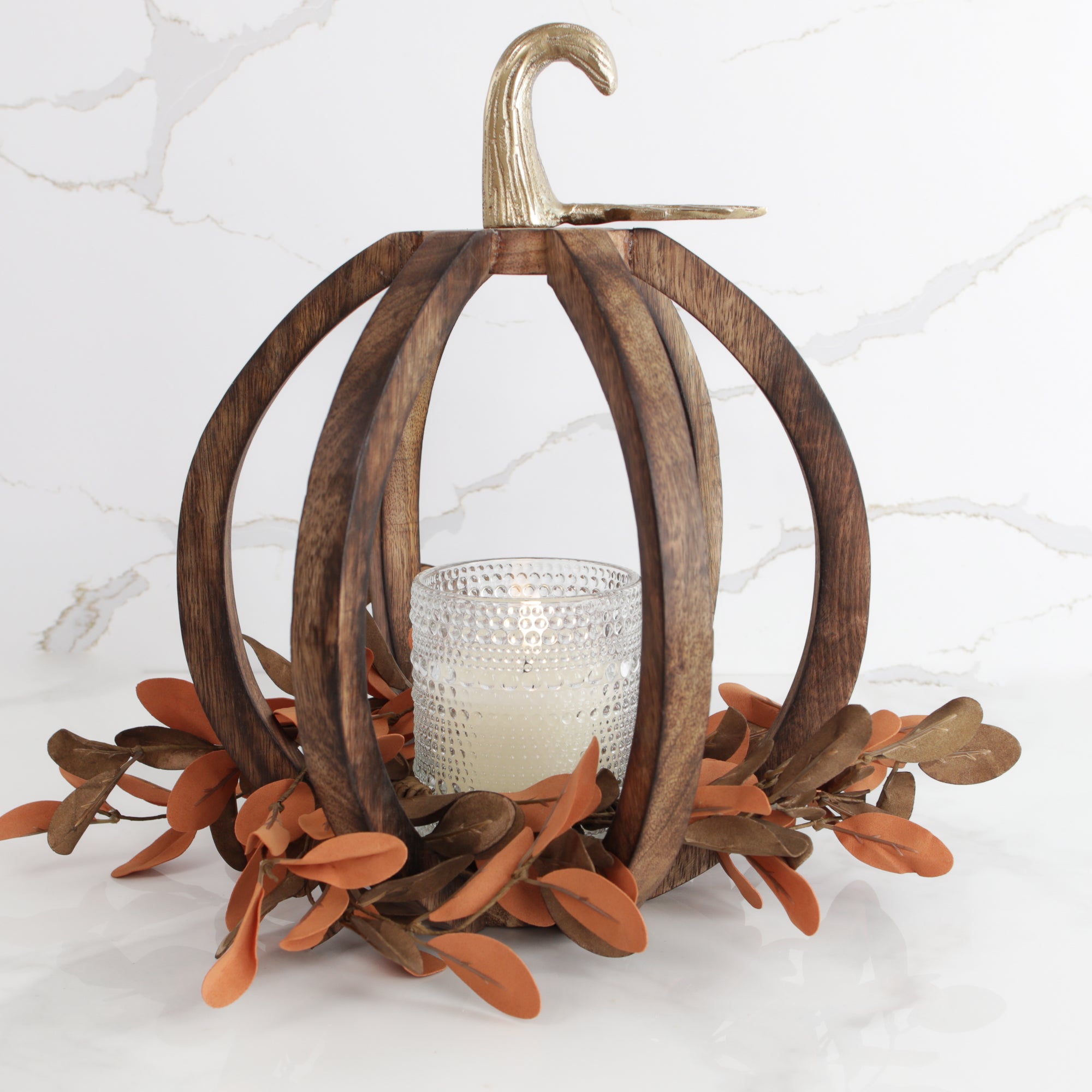 Wood Pumpkin Lantern with Gold Stem