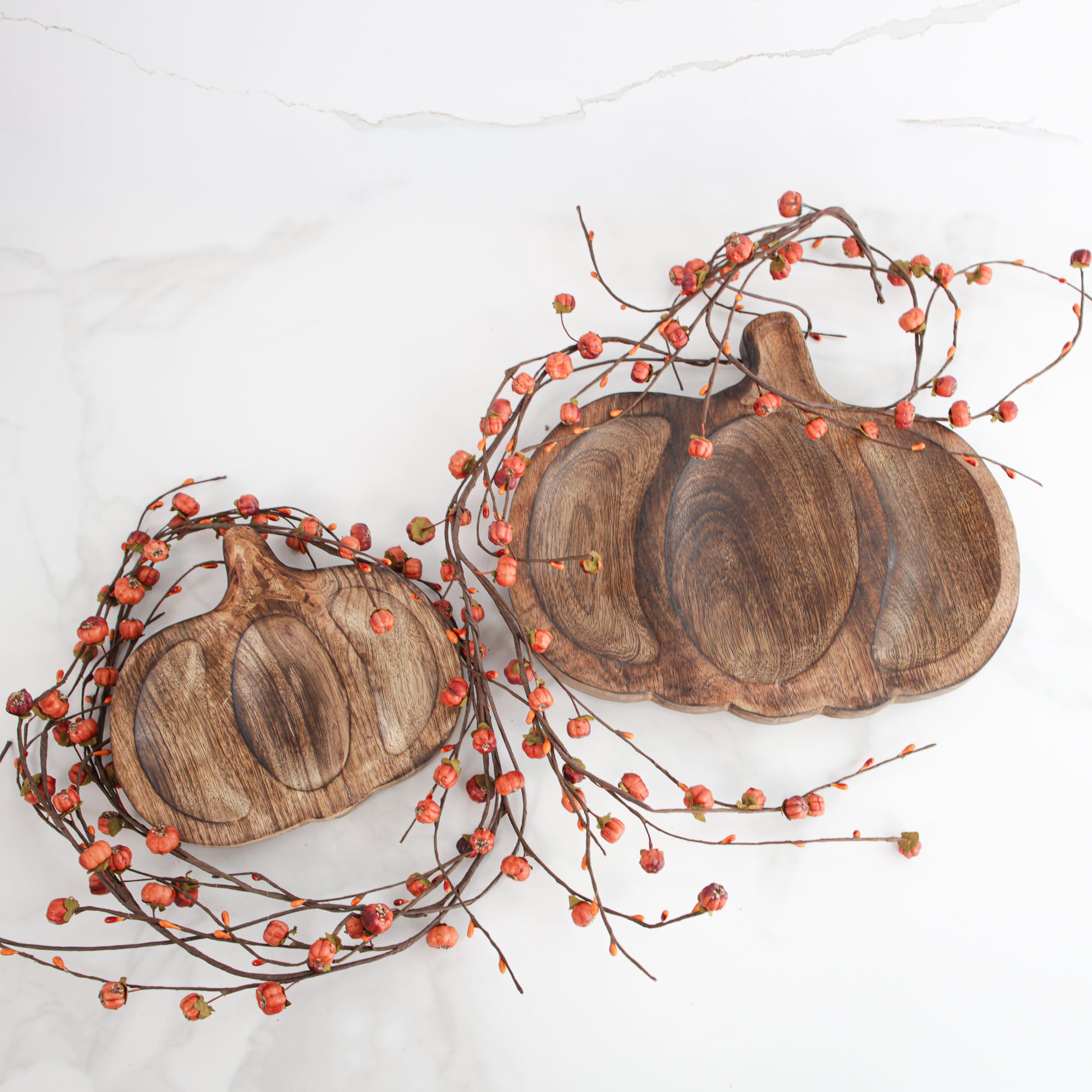 Wood Carved Pumpkin Tray, Set of 2