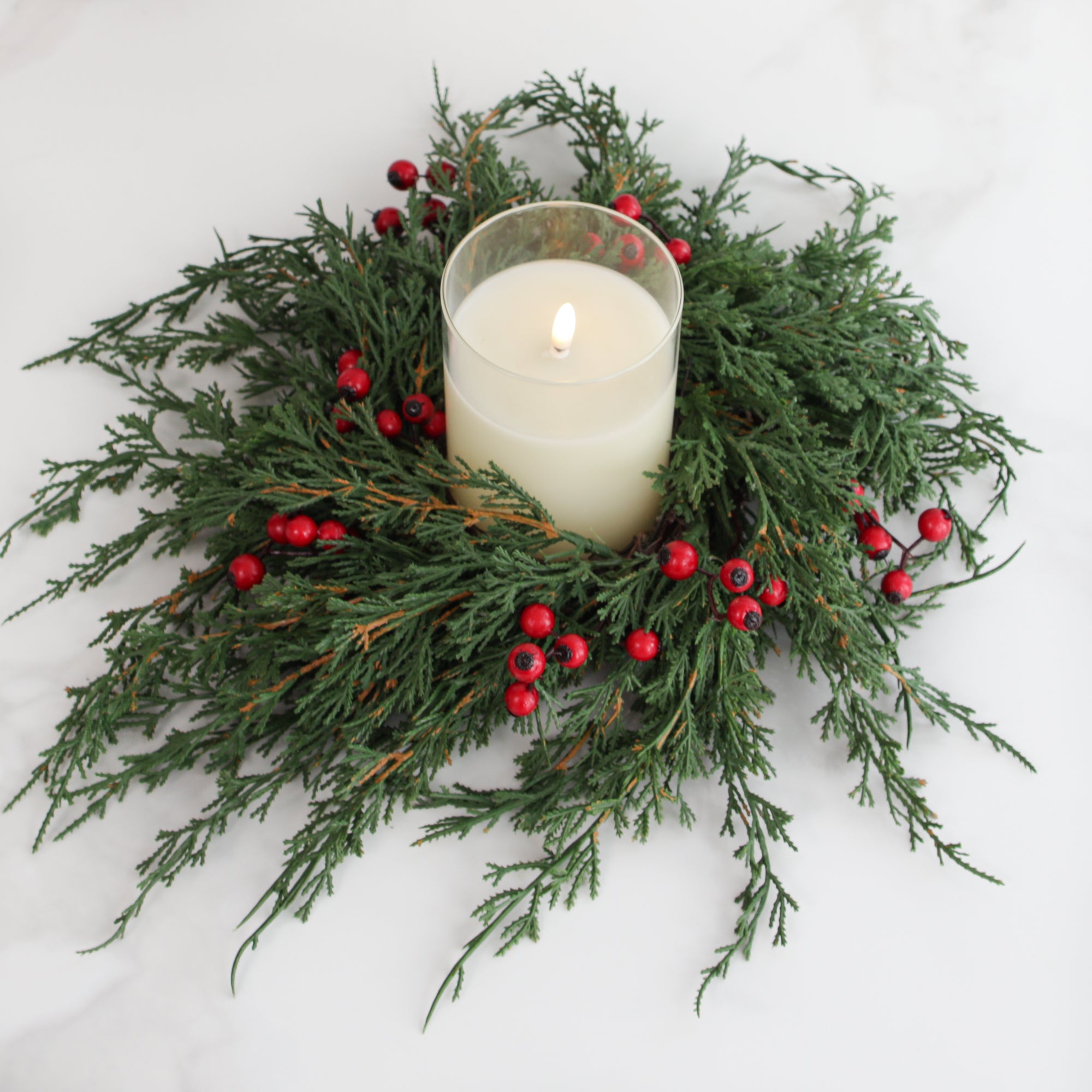 Emerald Cedar Candle Ring with Red Berries