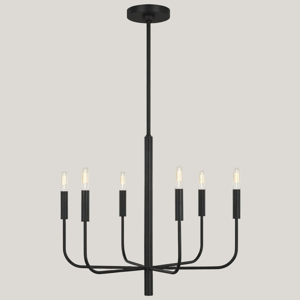 Elegant Stacie 6 Light Curved Arm Chandelier displayed in a cozy home setting, emphasizing its striking presence.