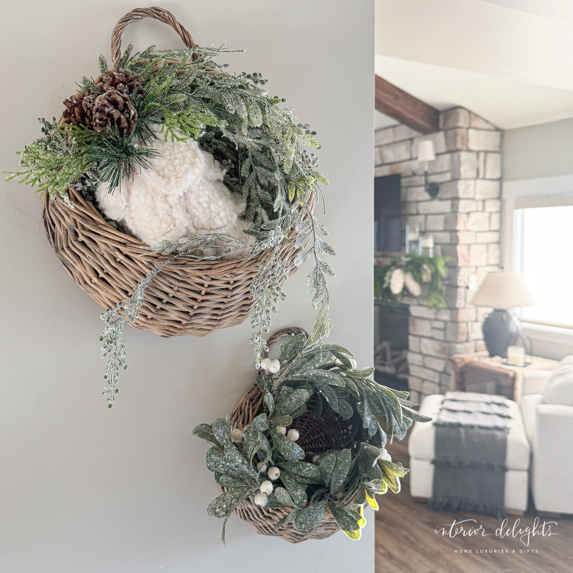 Close-up view of the Set of 2 Round Willow Baskets perfect for hanging flowers or plants.