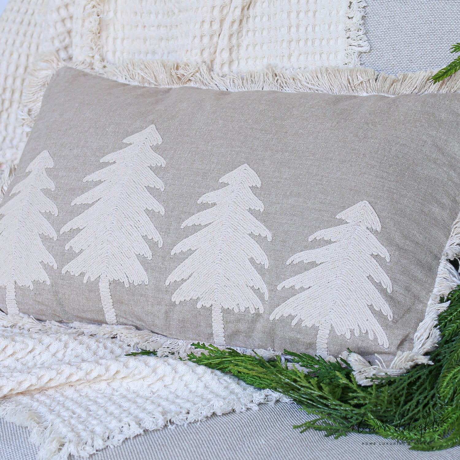 Beige 4 Tree Christmas Lumbar Pillow