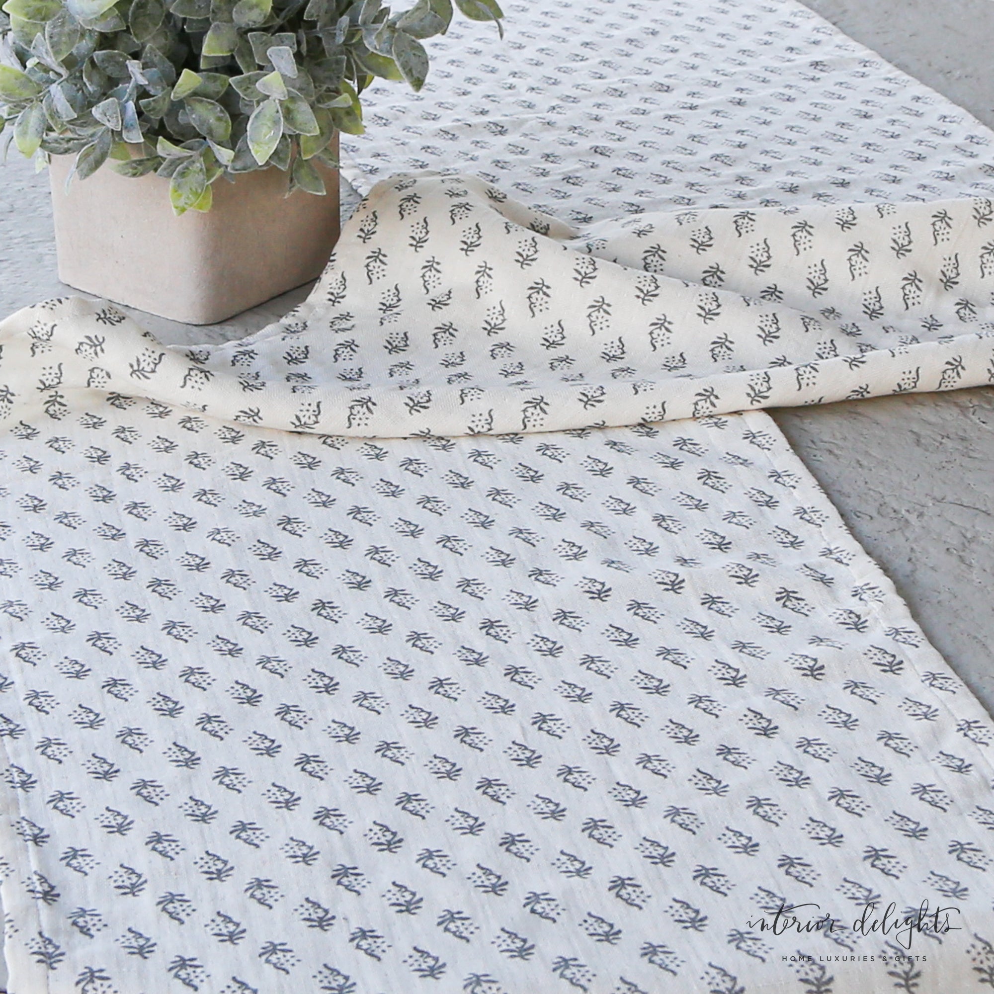 Styled dining setup featuring the Block Print Runner-Ivory & Gray, enhancing the ambiance with its chic and soft appearance.