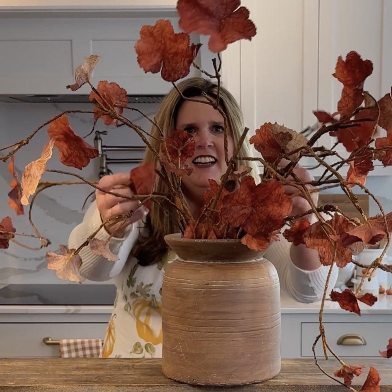 Autumn Leaf Branch + 9" Brown Line Vase Arrangement