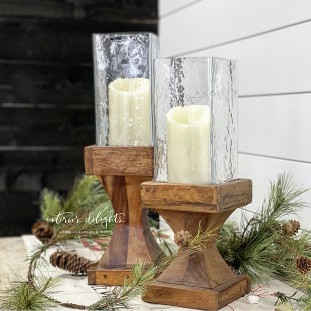 Set of Glass & Wood Candle Holders - Interior Delights