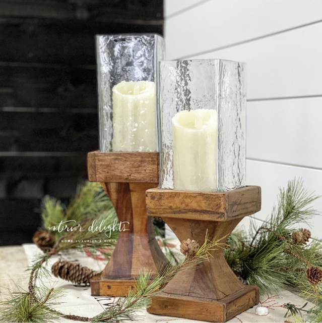 Set of Glass &amp; Wood Candle Holders - Interior Delights