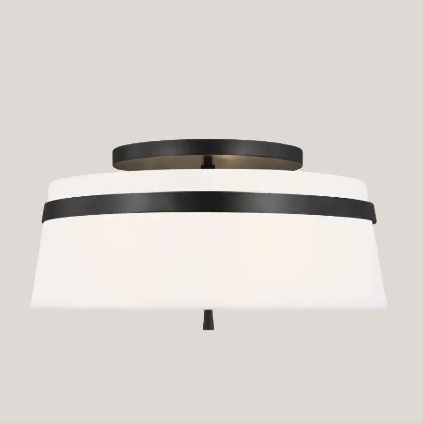 Close-up of the Stripe Shade Semi Flush Mount highlighting the three bulb arrangement and stylish metal ring.