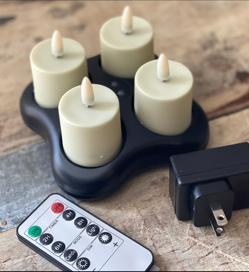 Rechargeable Flameless Votive Candle Set of 4, a stylish addition to your living space, includes charging base.