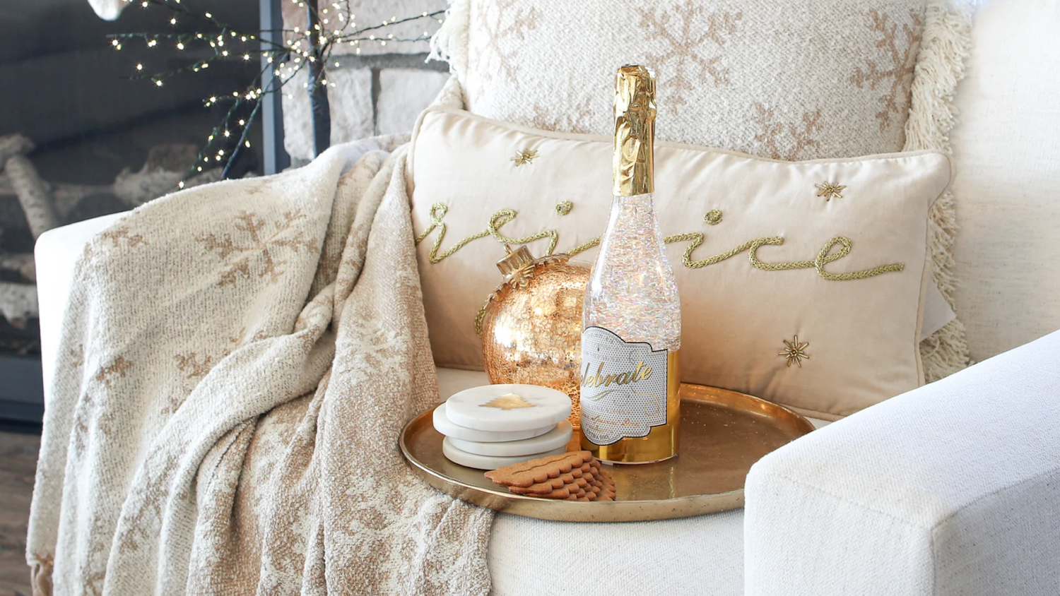 Cozy Winter Living Room With Blanket, Pillow And Holiday Decor.