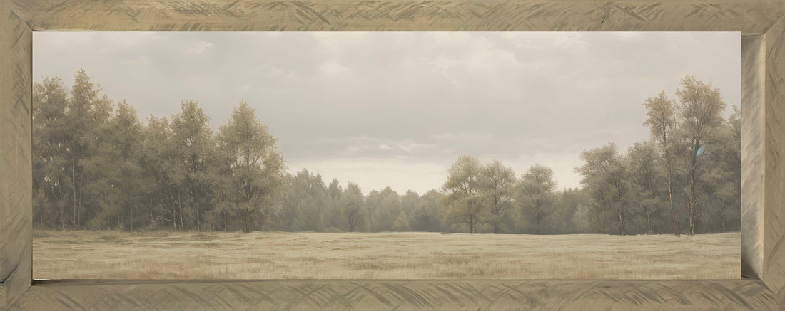 Treescape 2 16x40 Thin Timberwood framed print on Raw Natural Canvas, showcasing a rustic feel with handmade quality.
