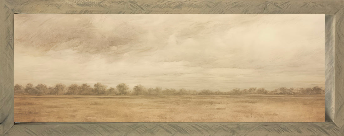 Vintage Plains 16x40 Thin Timberwood framed artwork on Raw Natural Canvas with Treescape 2 image, perfect for home decor.