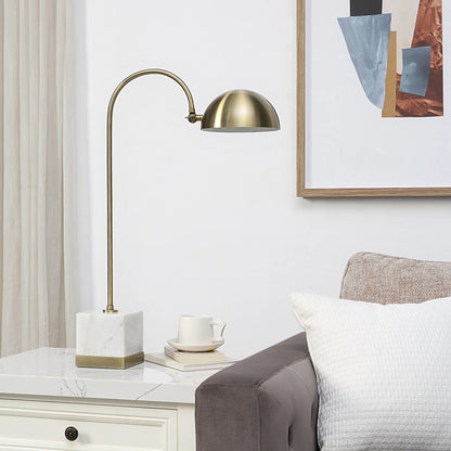 Stylish Folding Brass and Marble Table Lamp featuring an antique brushed brass finish and natural white marble base.