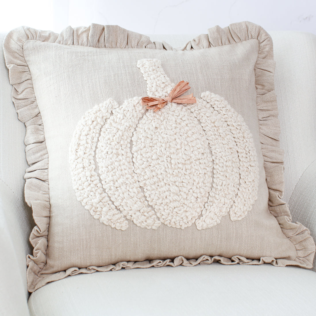 Natural Embroidered Pumpkin Square Pillow