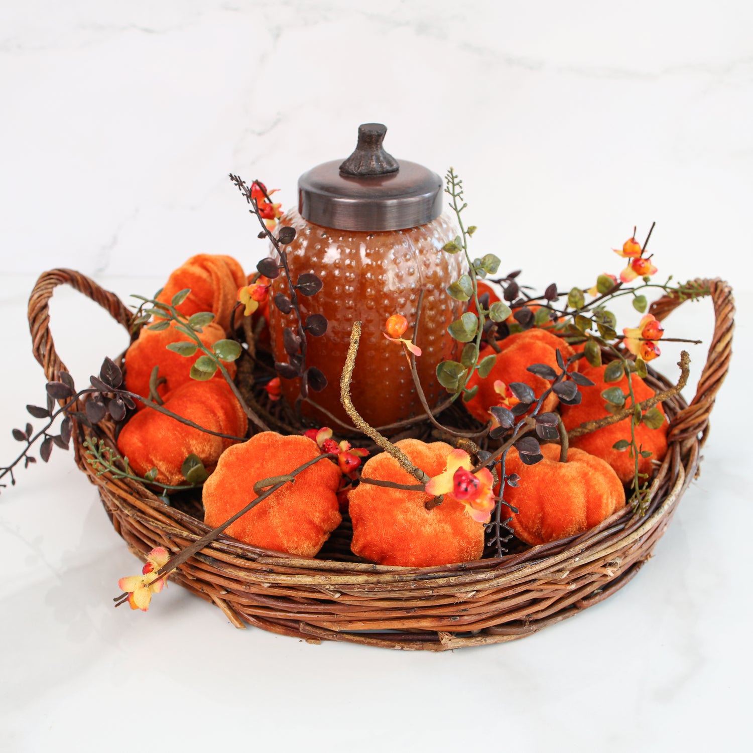 New England Orange Velvet Mini Pumpkins- Set of 12
