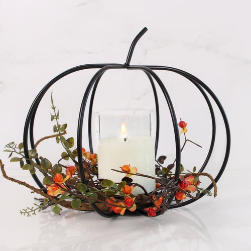 Close-up of the Large Black Metal Pumpkin showing its sturdy metal craftsmanship and classic design.