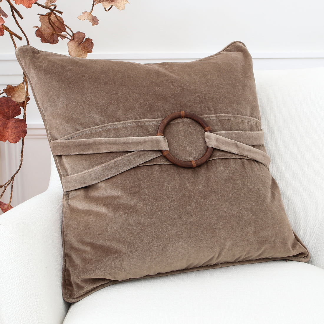 Brown Velvet Pillow with Bamboo Ring 20in