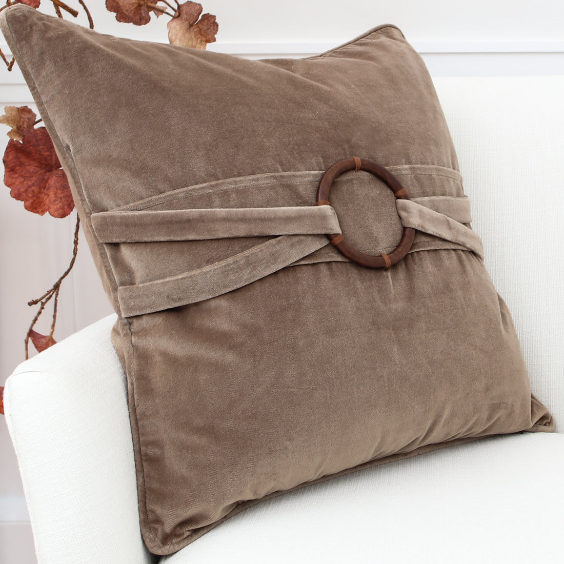Brown Velvet Pillow with Bamboo Ring 20in