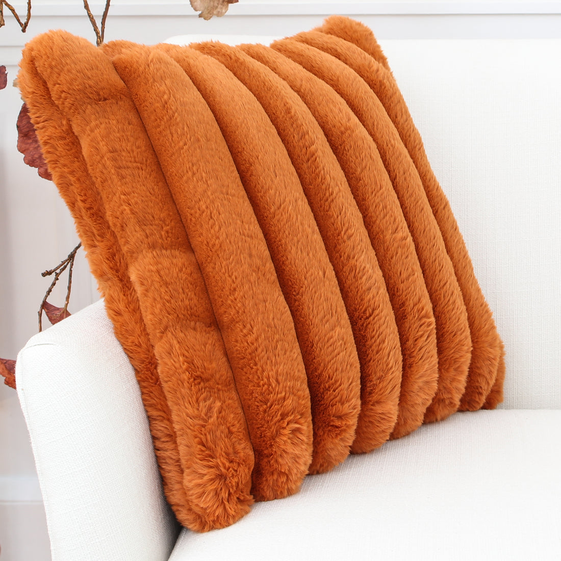 Orange Faux Fur Pillow 18in