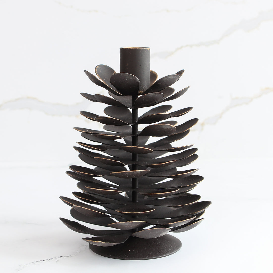 Small Iron Pinecone Candle Holder showcasing detailed pinecone design, perfect for rustic decor.