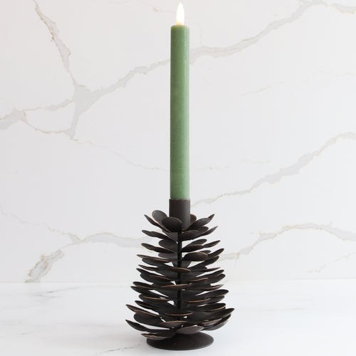 Small Iron Pinecone Candle Holder showcasing intricate design, perfect for adding woodland charm to decor, ideal for shelves or table settings.
