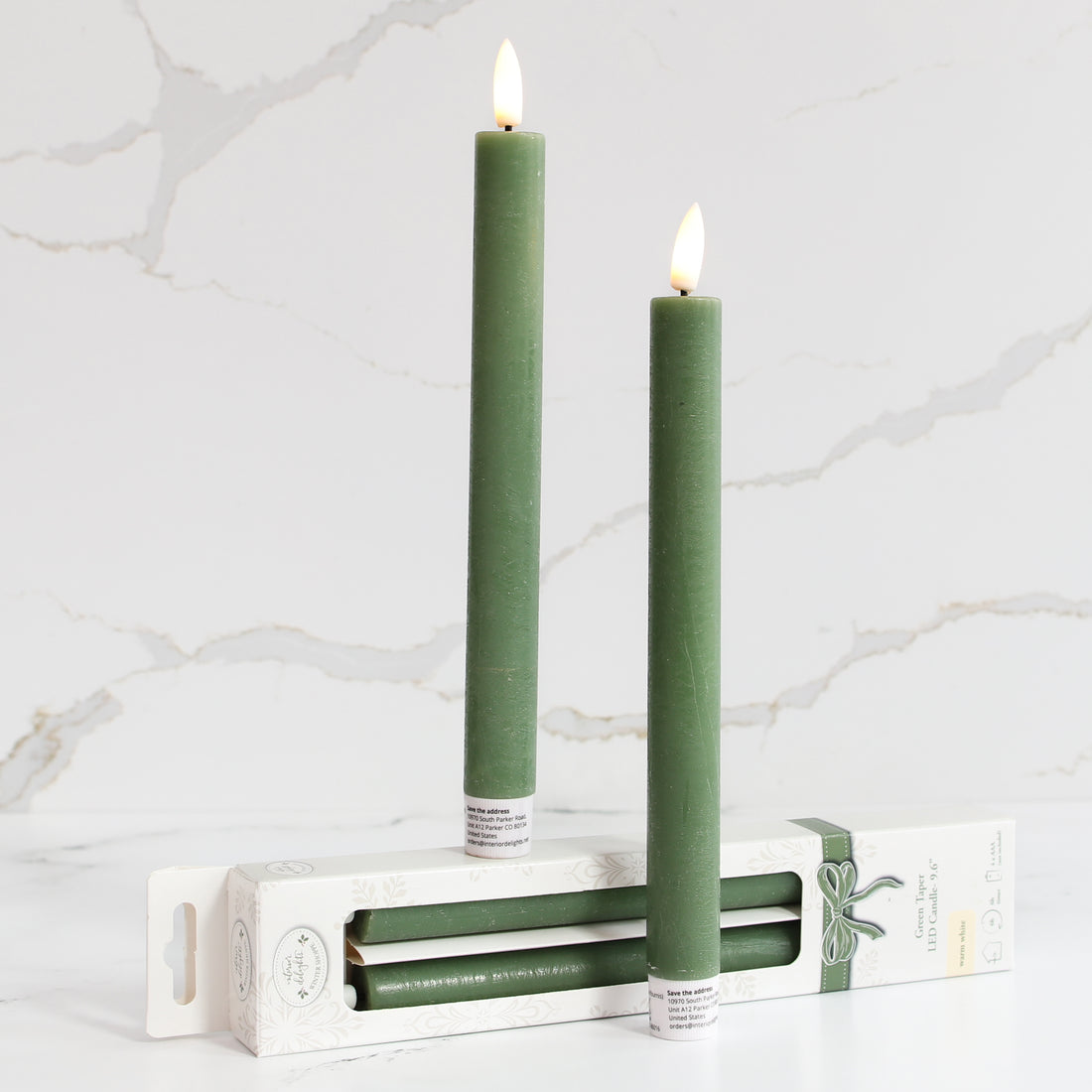 10&quot; LED Taper, Set of 2 Green candles adding ambiance to a dining table with a flickering soft glow.
