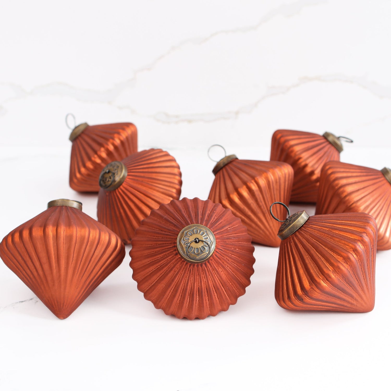 Ribbed Burnt Orange Glass Onion Ornament Set of 8