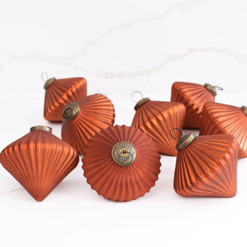 Ribbed Burnt Orange Glass Onion Ornament Set of 8