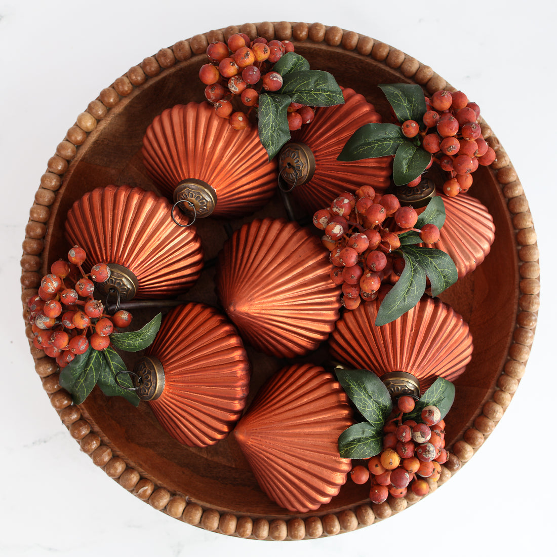 Ribbed Burnt Orange Glass Onion Ornament Set of 8
