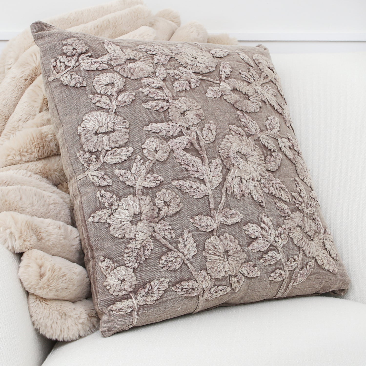 Stone Washed Taupe Floral Embroidered Pillow