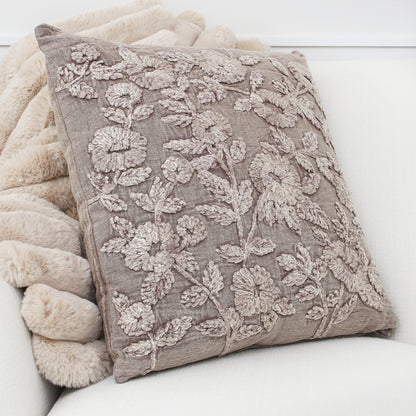 Stone Washed Taupe Floral Embroidered Pillow