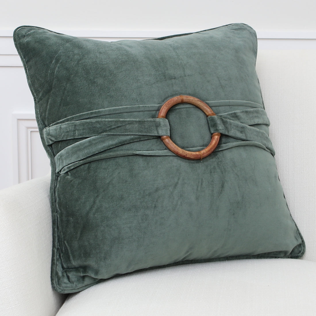 Green Velvet Pillow with Bamboo Ring 20in