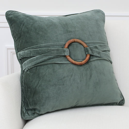 Green Velvet Pillow with Bamboo Ring 20in - Interior Delights