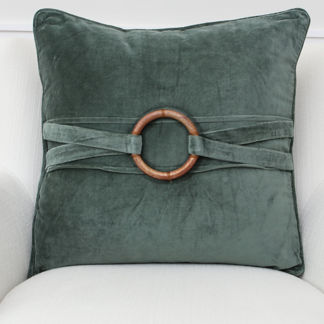 Green Velvet Pillow with Bamboo Ring 20in