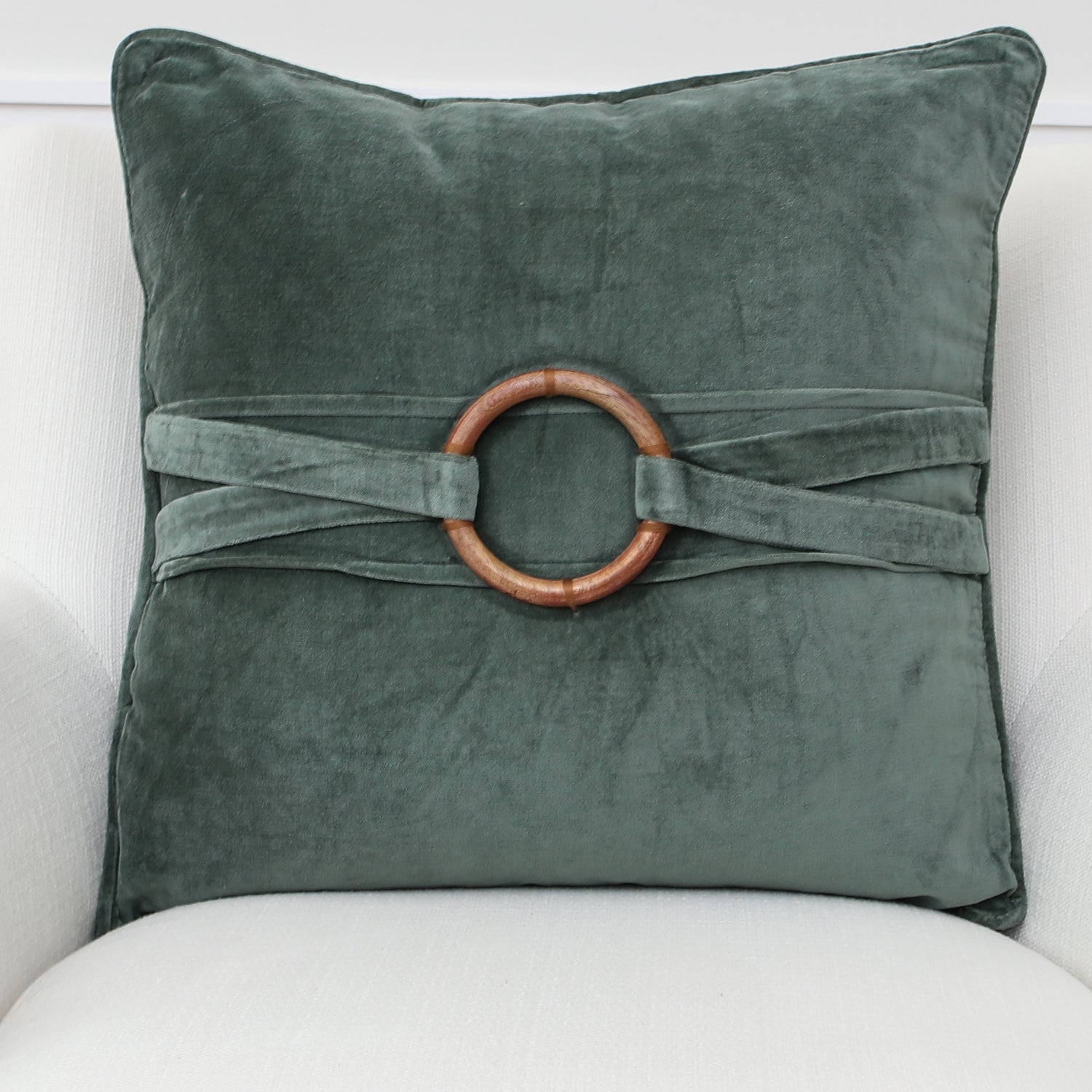 Green Velvet Pillow with Bamboo Ring 20in
