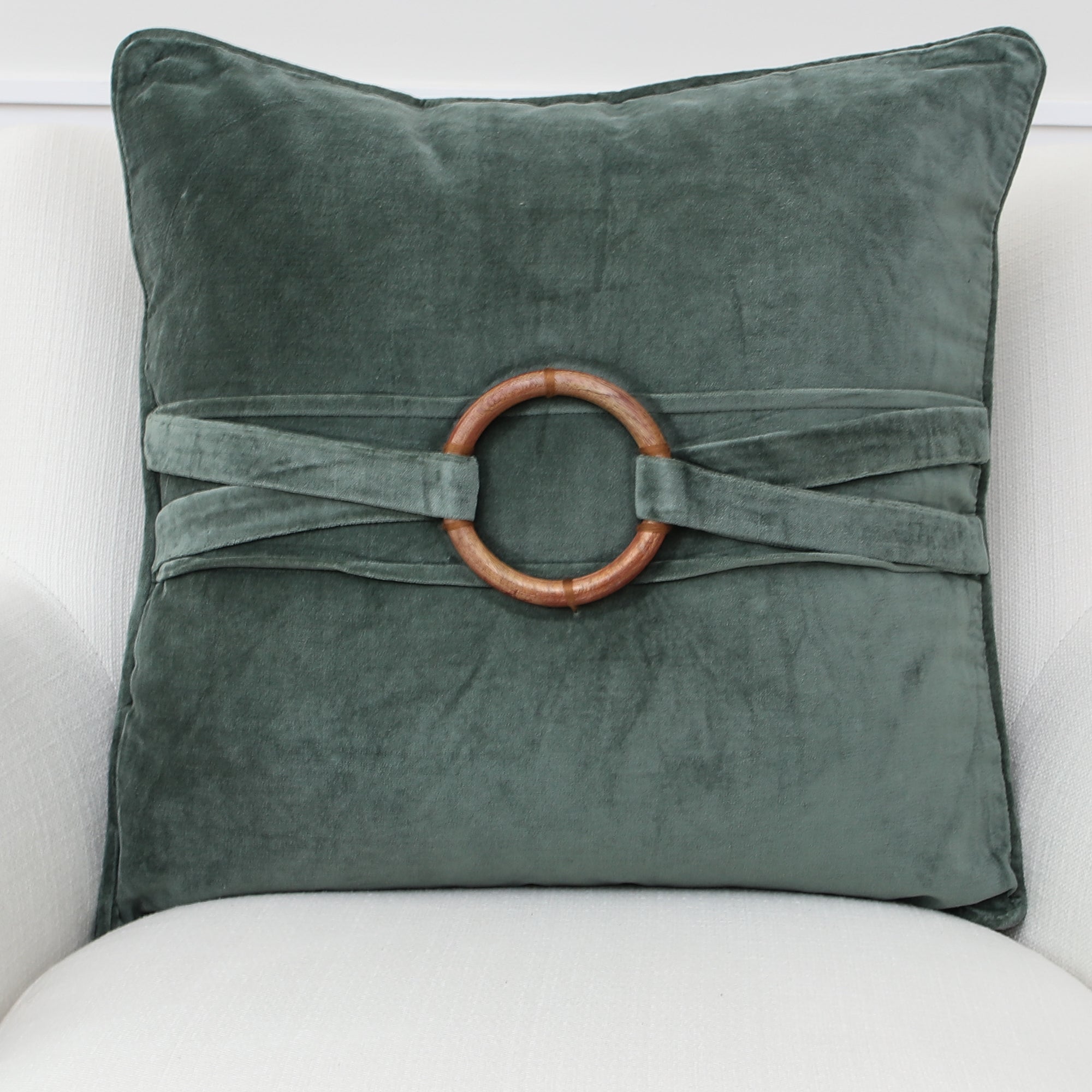 Green Velvet Pillow with Bamboo Ring 20in