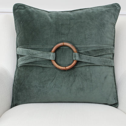 Green Velvet Pillow with Bamboo Ring 20in