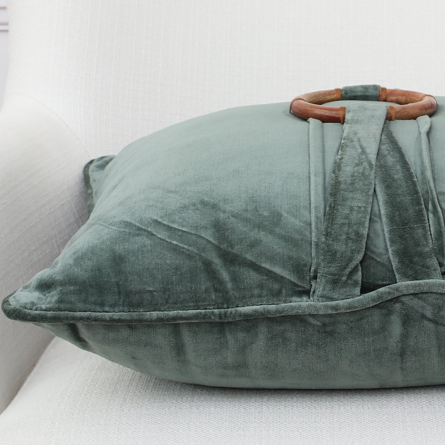 Green Velvet Pillow with Bamboo Ring 20in