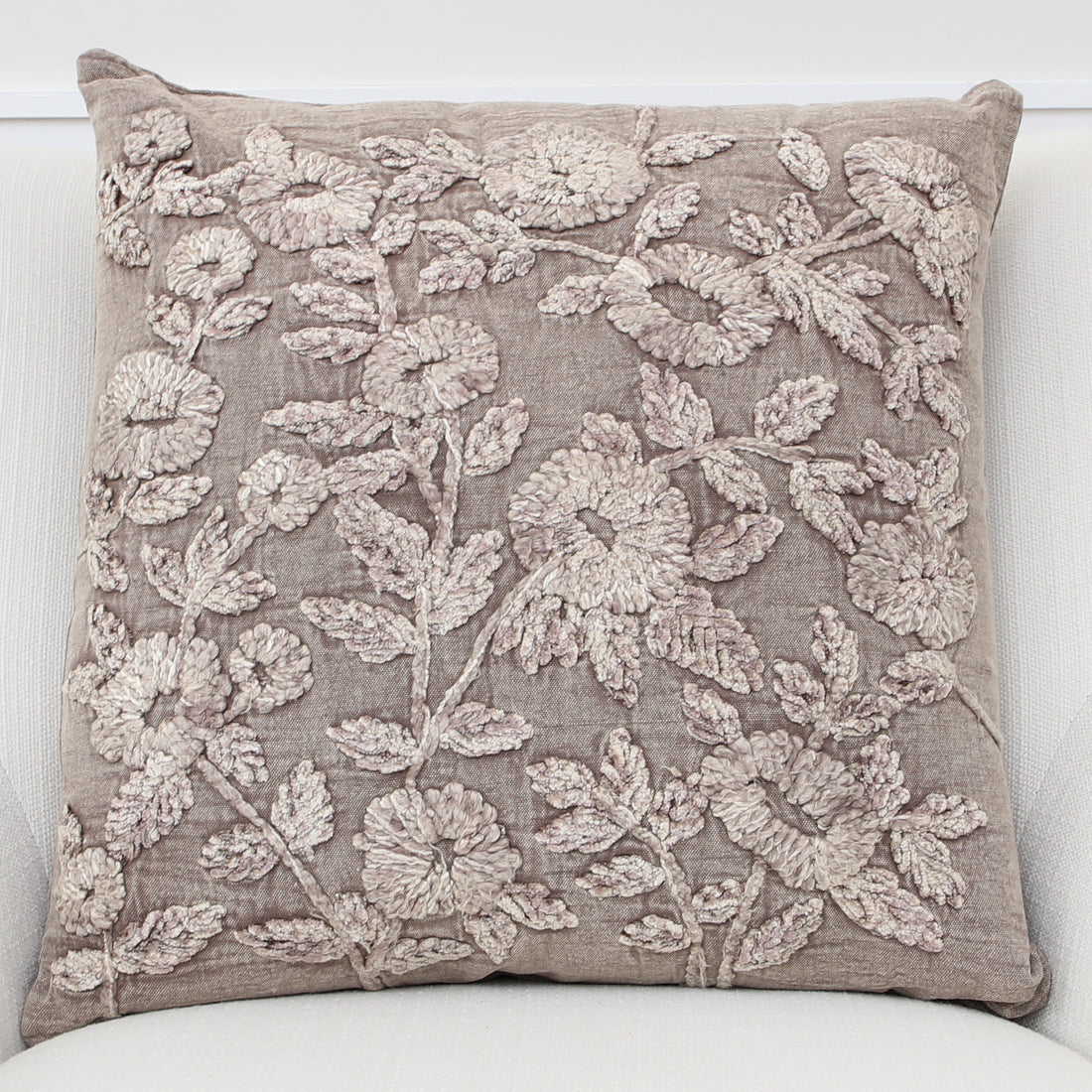 Stone Washed Taupe Floral Embroidered Pillow