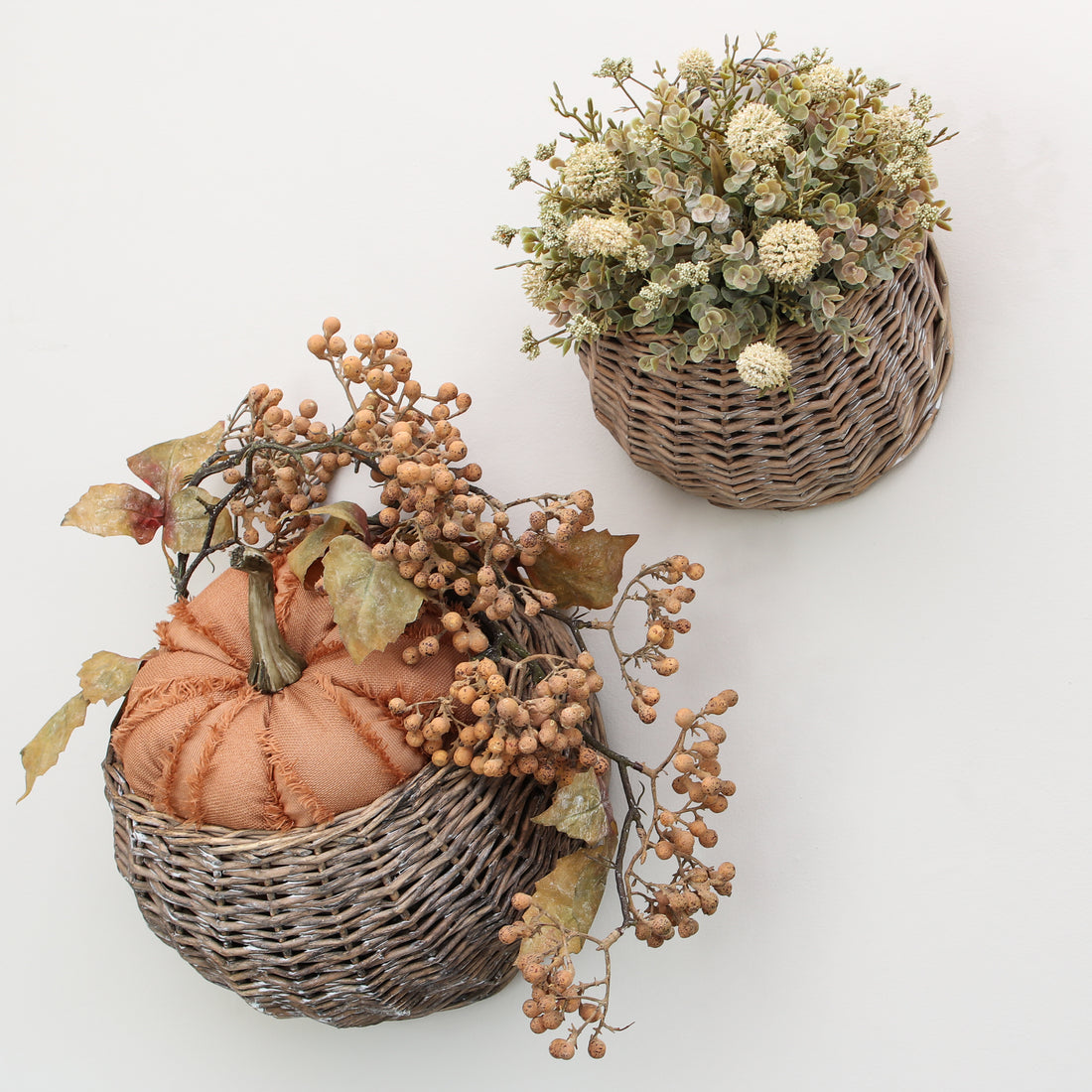 Fall Willow Basket, Greenery and Pumpkin Arrangement