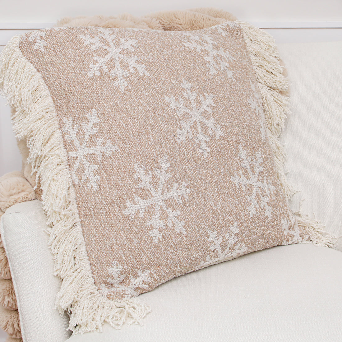 Square Snowflake Pillow with White Fringe