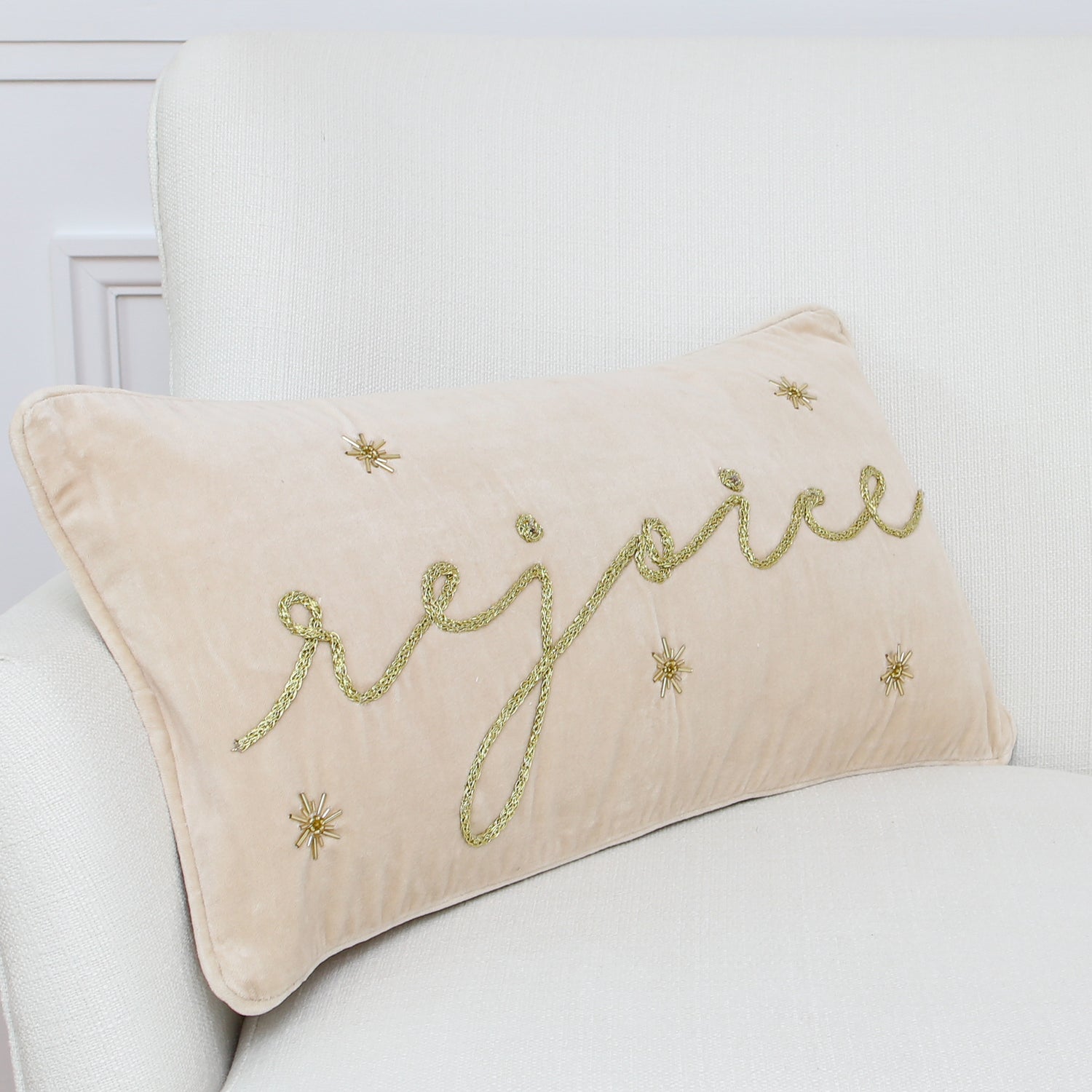 Gold Rejoice Christmas Pillow