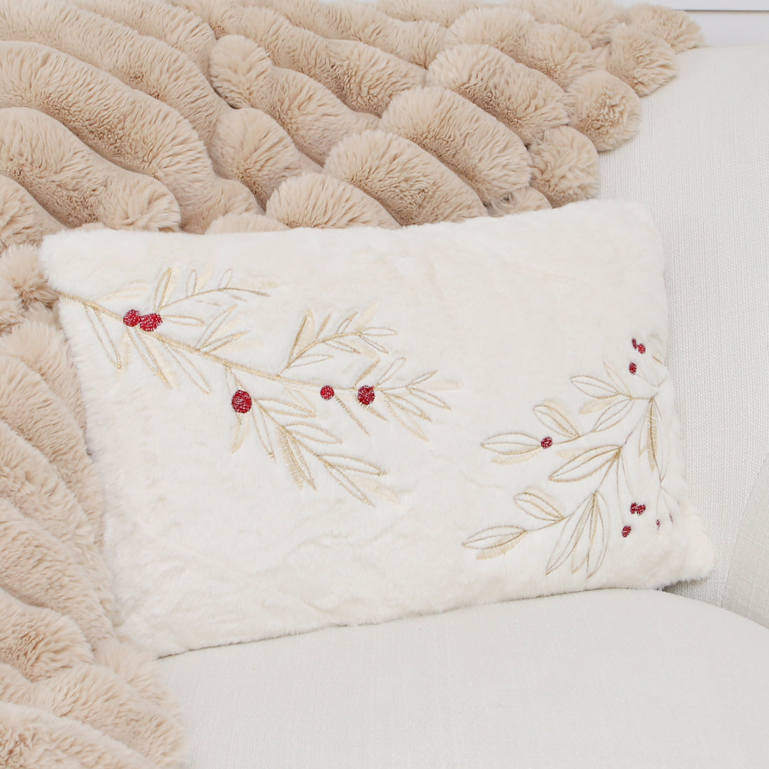 Gold and Berry Holly Fur Pillow