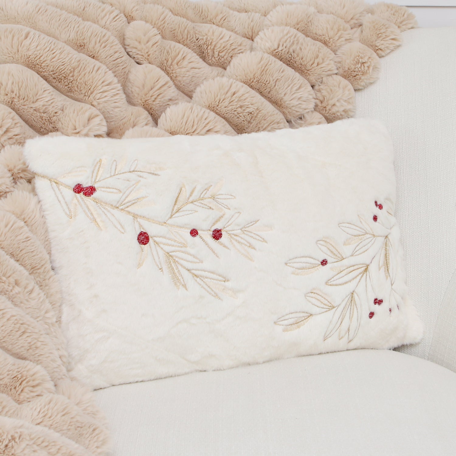 Gold and Berry Holly Fur Pillow