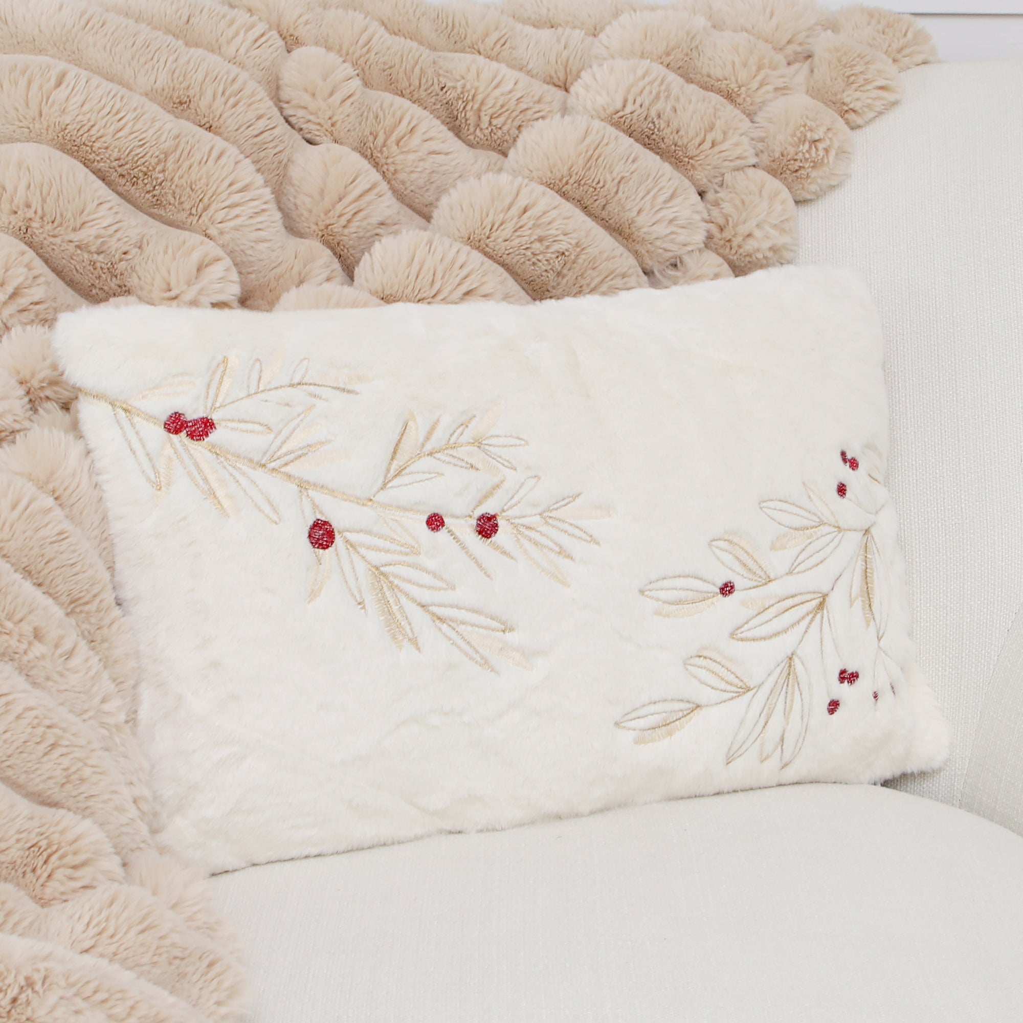 Gold and Berry Holly Fur Pillow