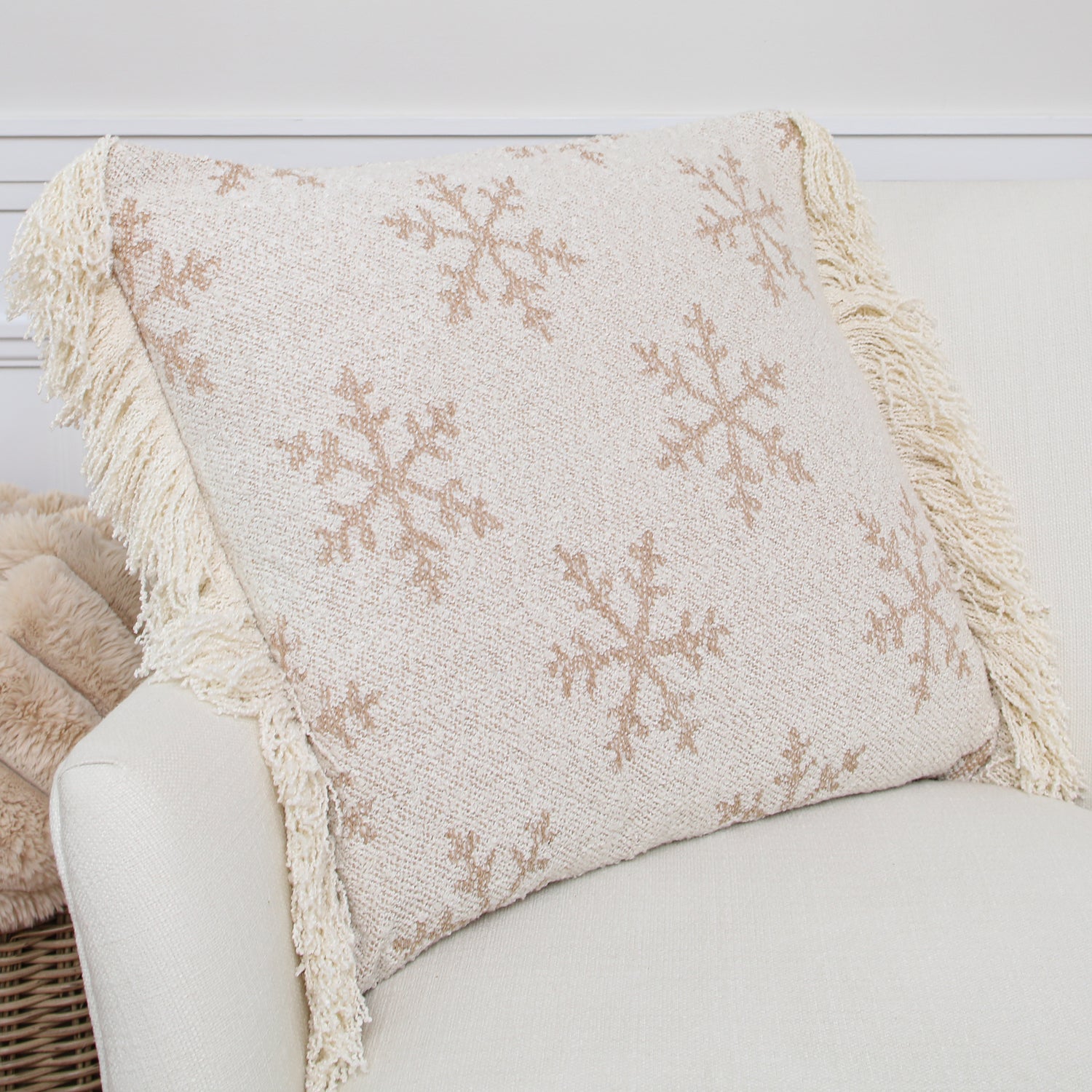 Square Snowflake Pillow with White Fringe